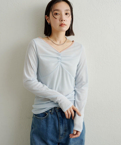 緞面拼接長袖T恤