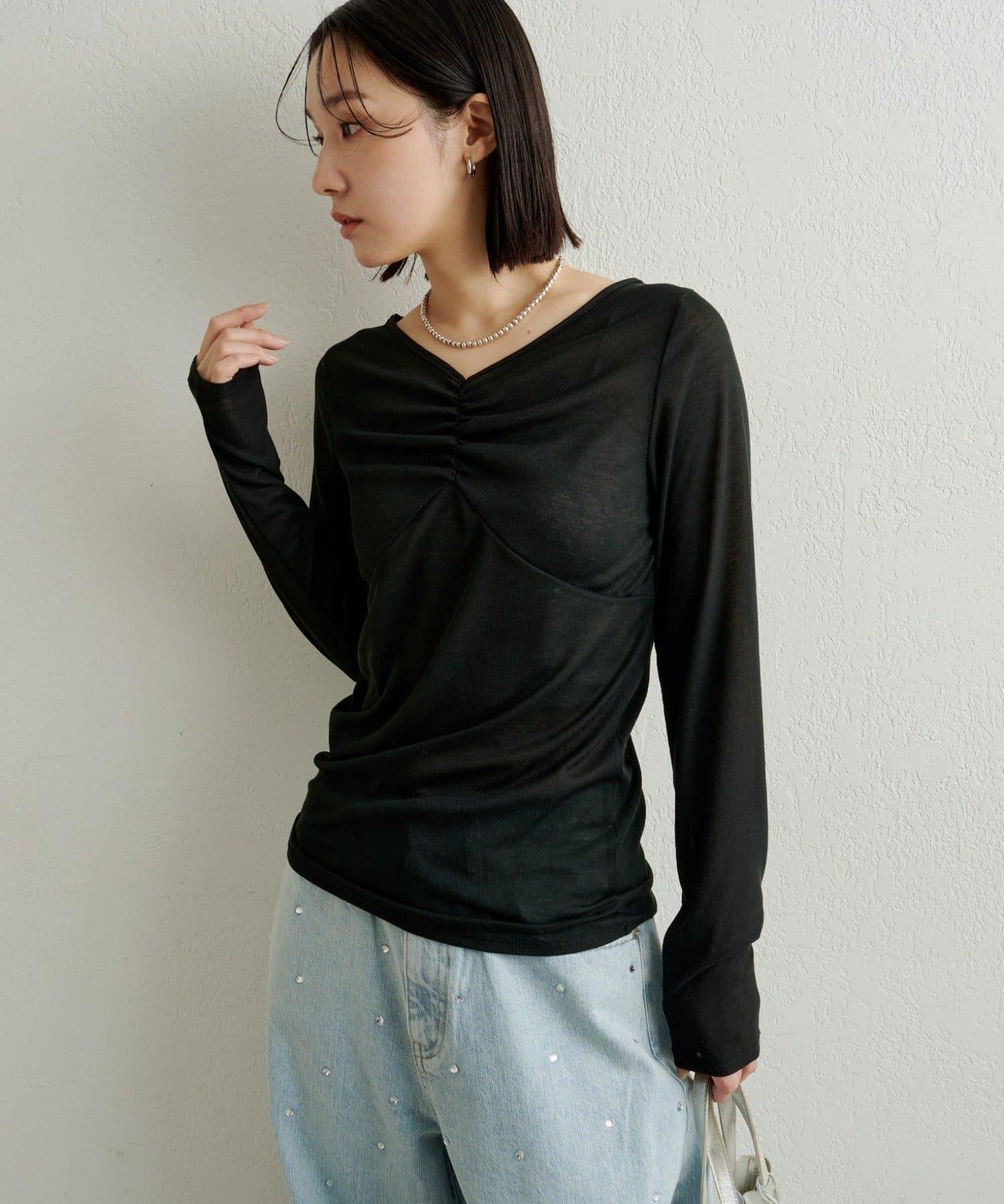 緞面拼接長袖T恤