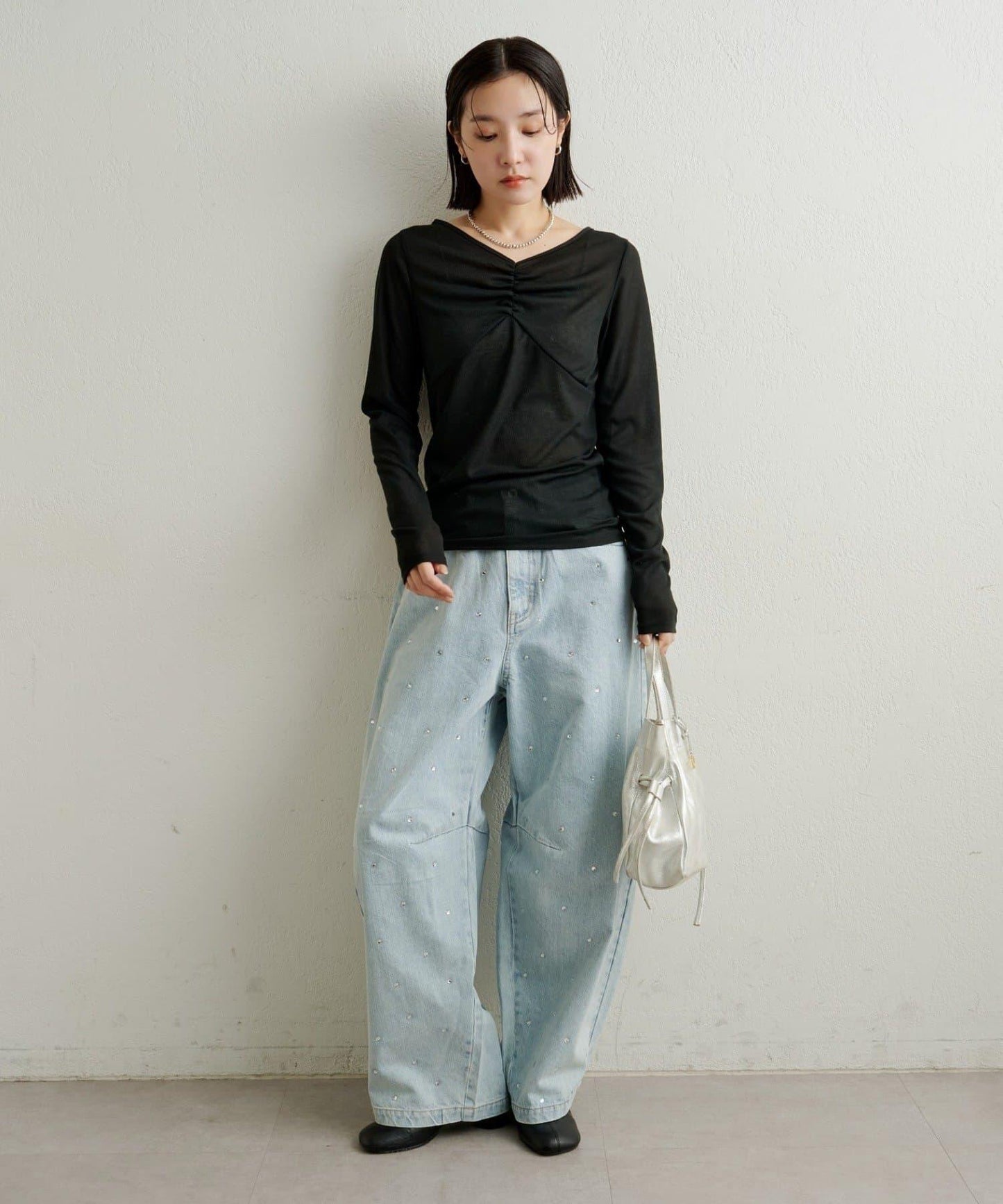 緞面拼接長袖T恤