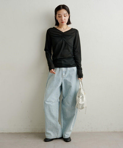 緞面拼接長袖T恤