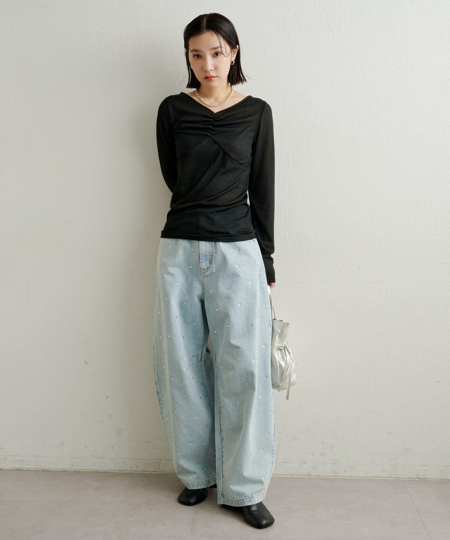 緞面拼接長袖T恤