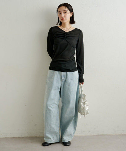 緞面拼接長袖T恤