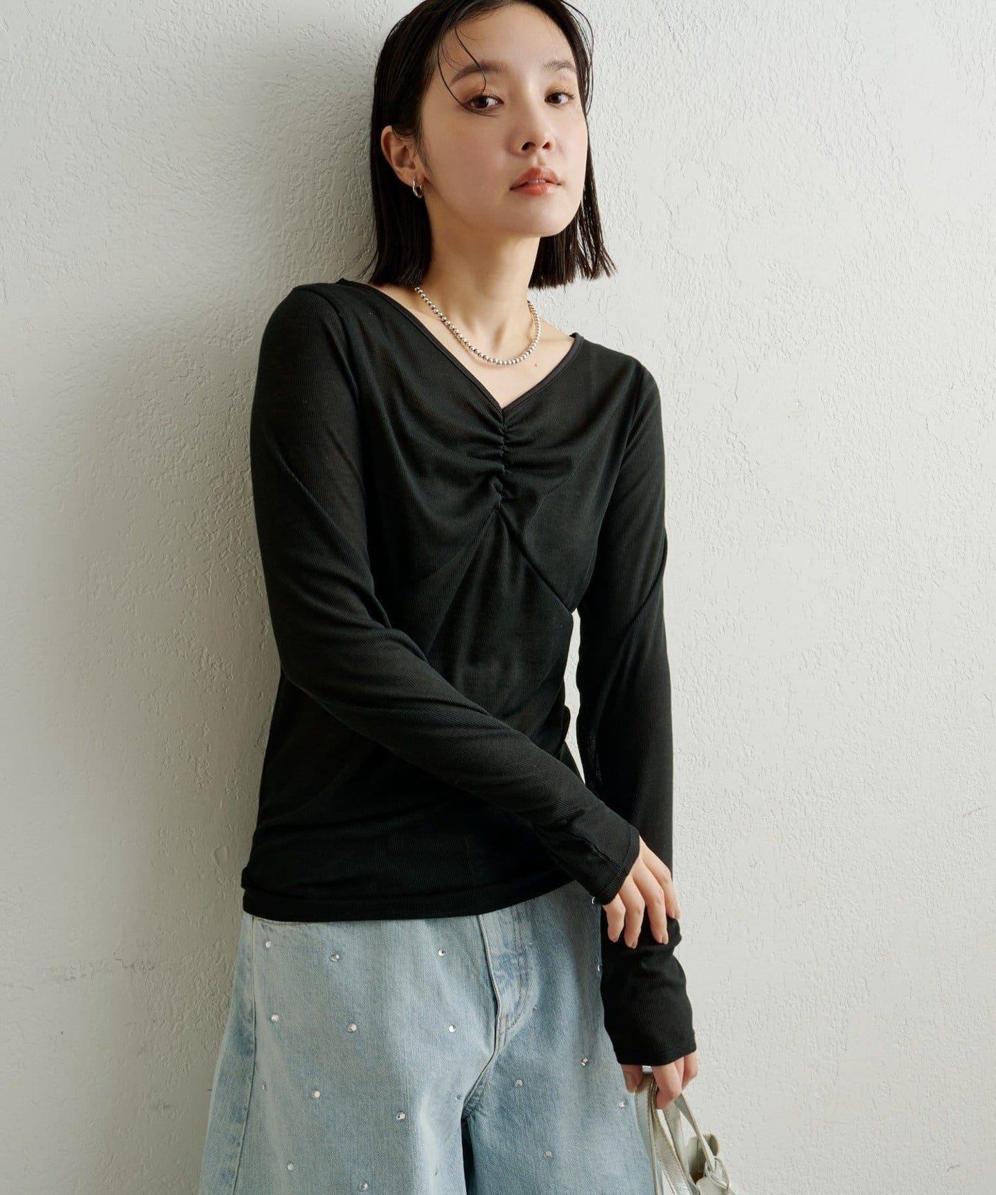 緞面拼接長袖T恤