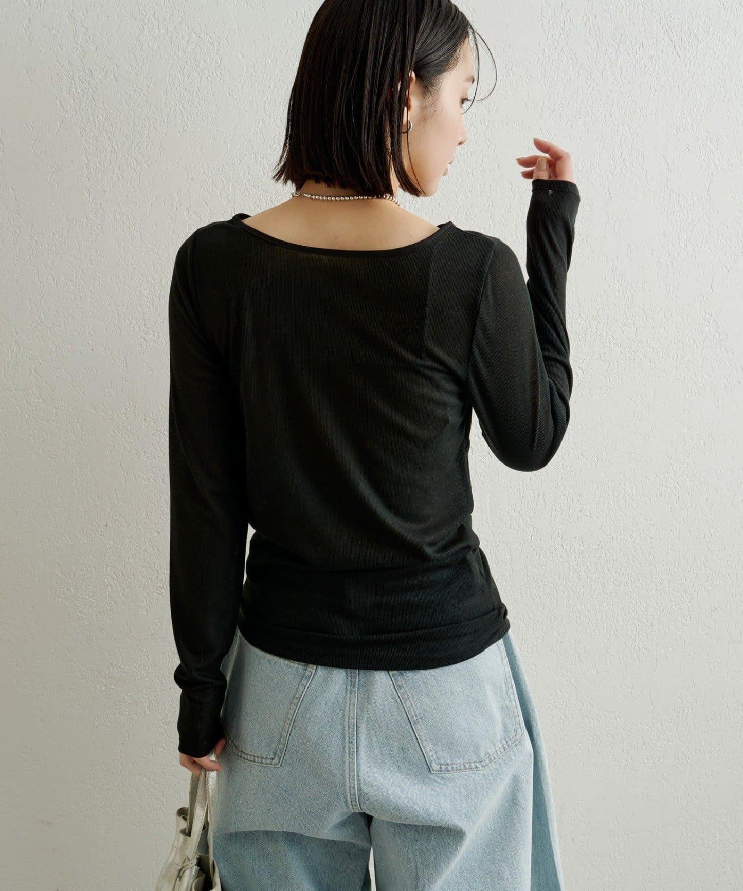 緞面拼接長袖T恤