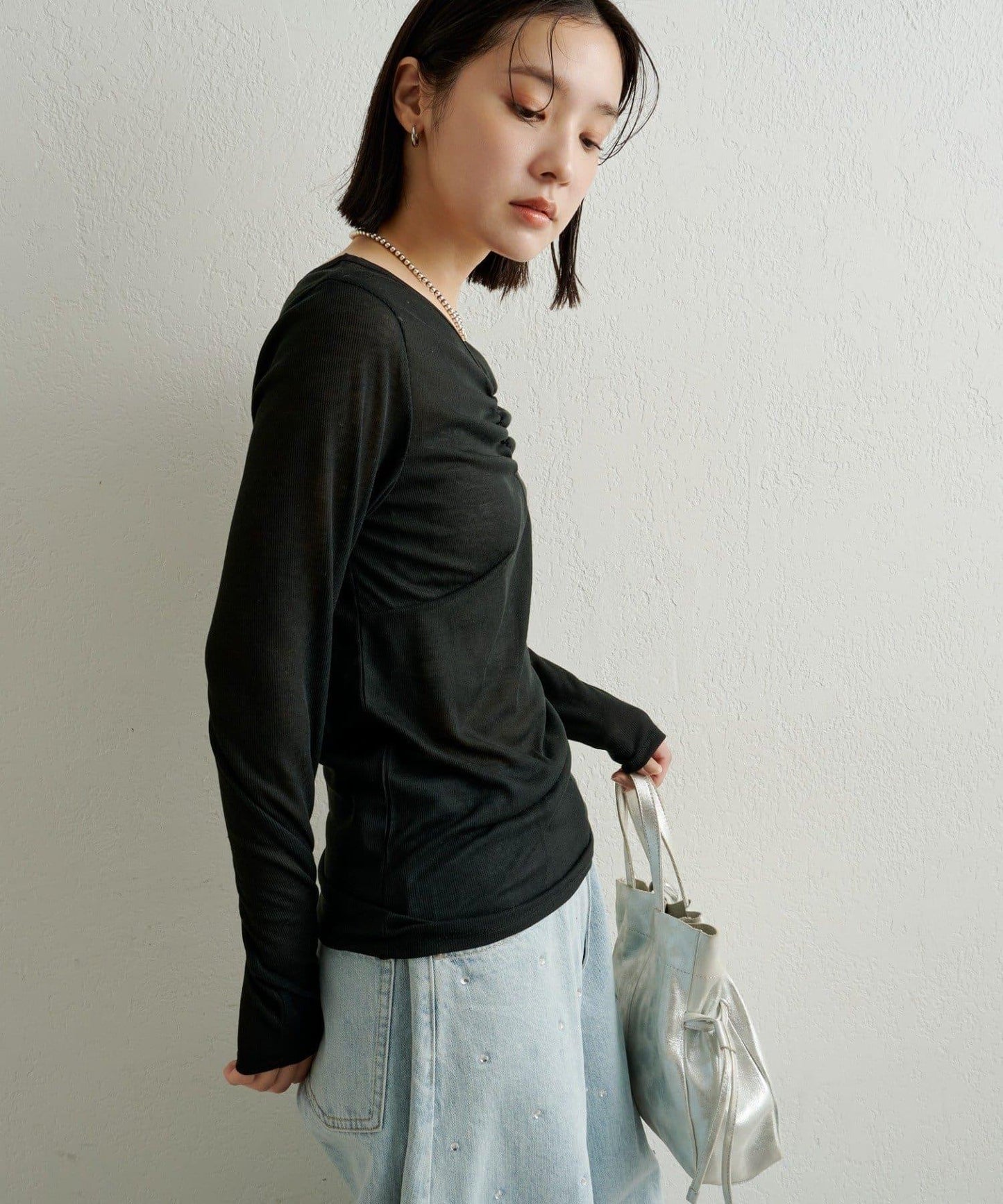 緞面拼接長袖T恤