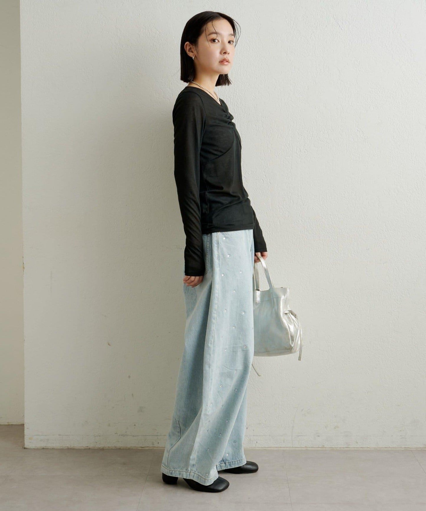 緞面拼接長袖T恤