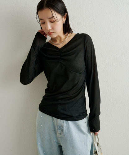 緞面拼接長袖T恤