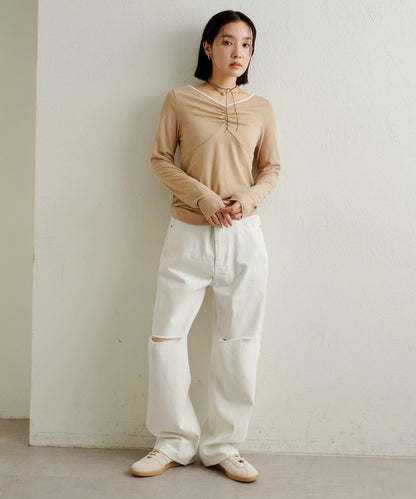 緞面拼接長袖T恤