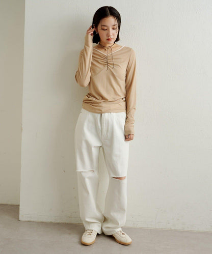 緞面拼接長袖T恤