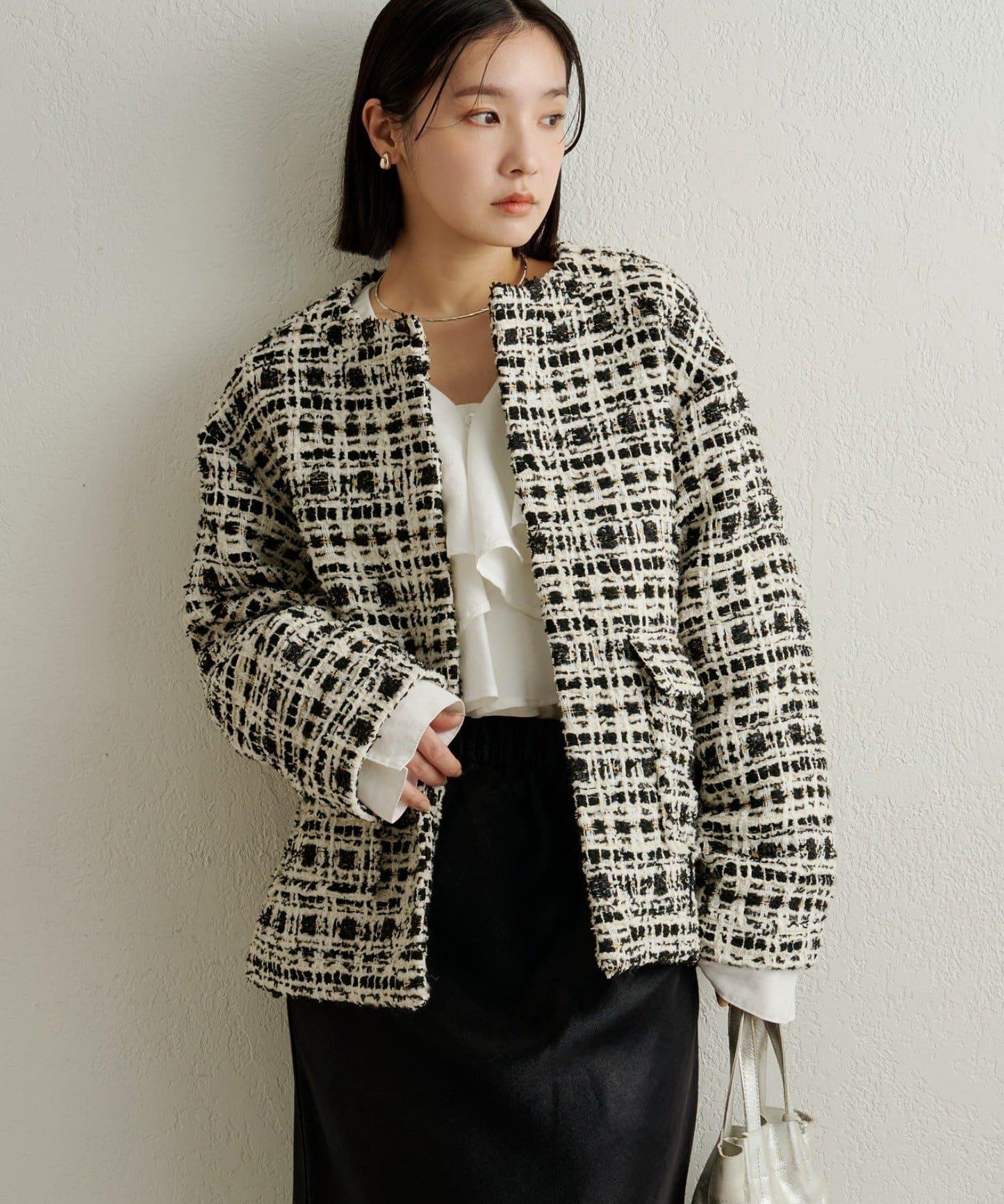 可搭配套裝穿著無領花呢夾克