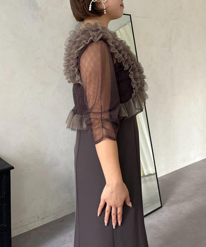 【MOMO】透視荷葉邊吊帶疊穿連衣裙