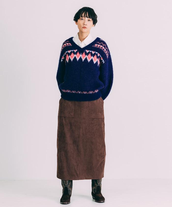 V領拼色北歐圖案針織衫