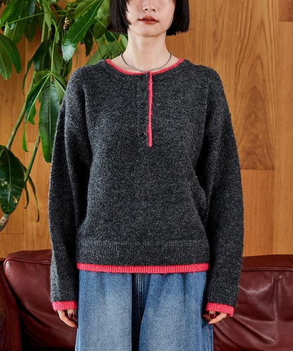 拼色亨利領針織套頭衫