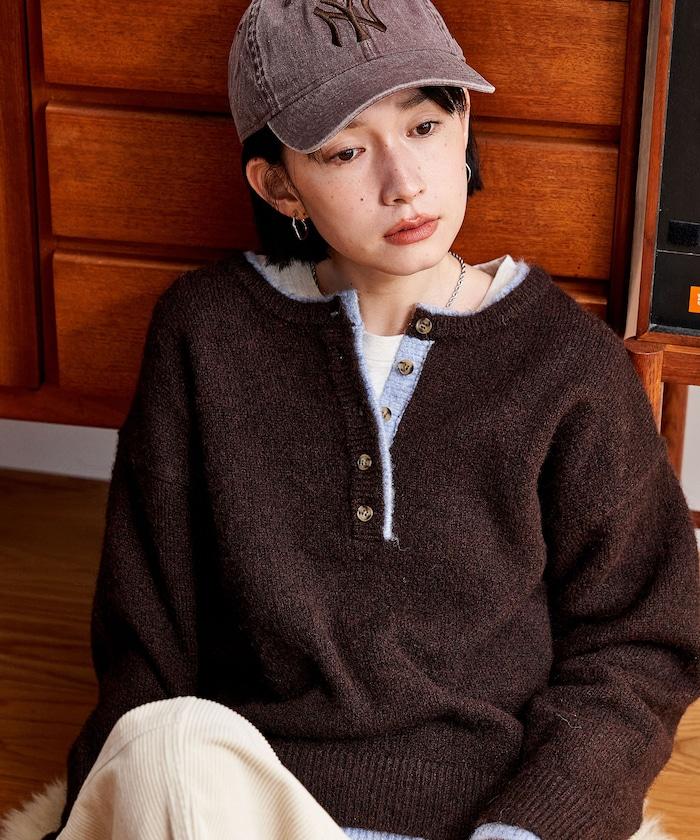 拼色亨利領針織套頭衫