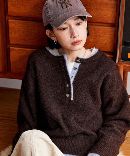 拼色亨利領針織套頭衫