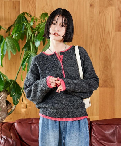 拼色亨利領針織套頭衫