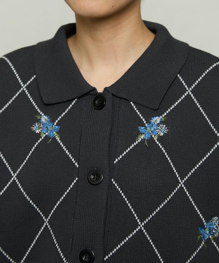 線條鑽石＆花卉刺繡短款開衫