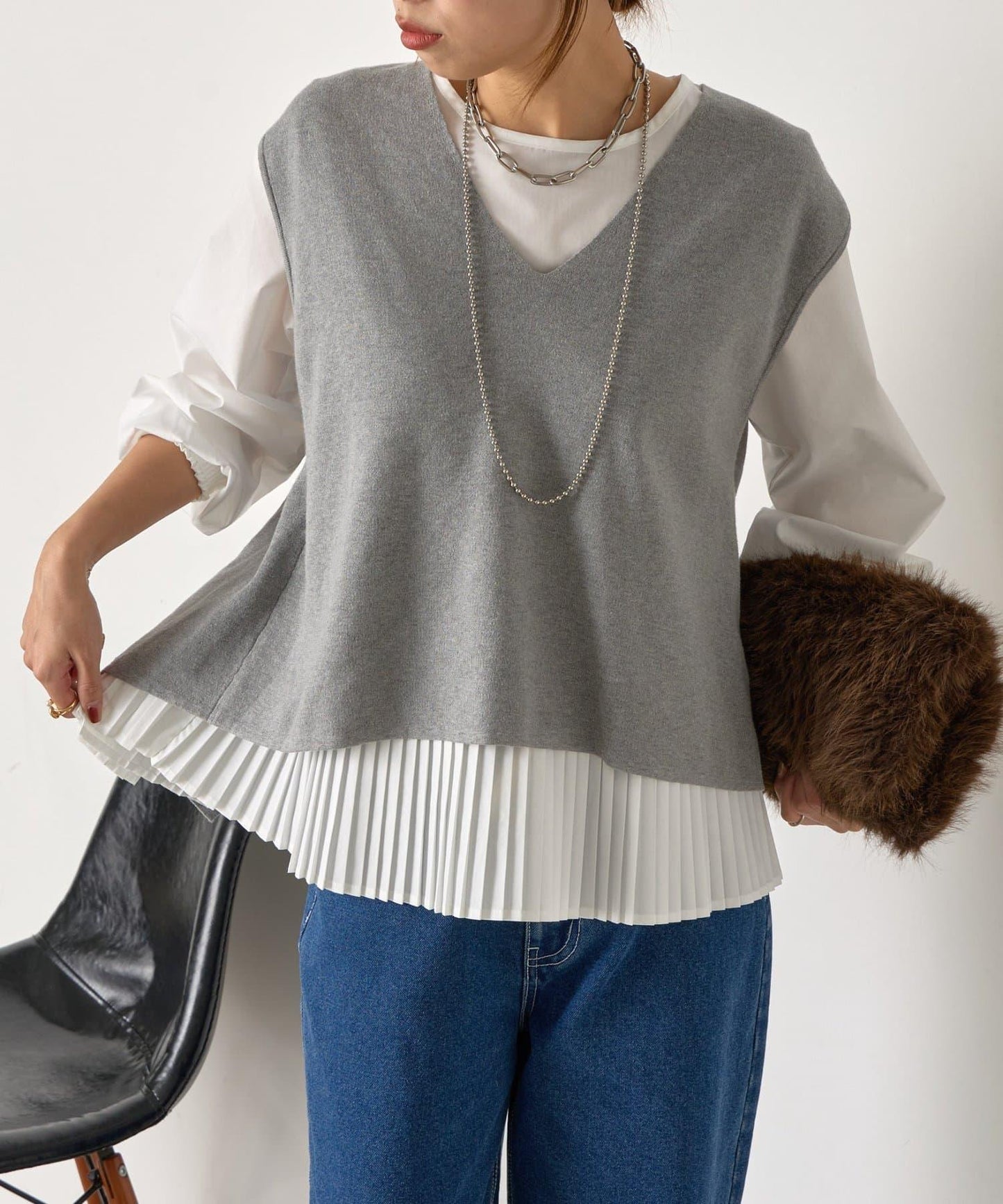 百褶襯衫馬甲套裝