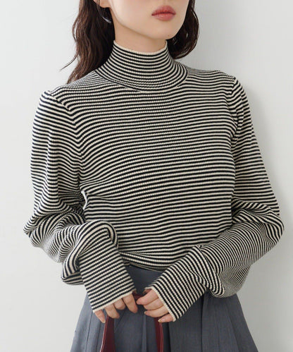 【純色&條紋】高領羅紋針織衫