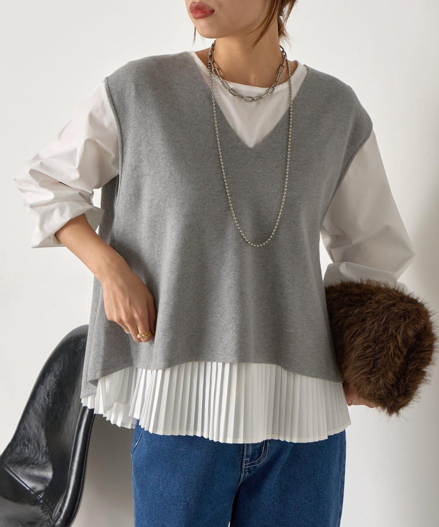 百褶襯衫馬甲套裝