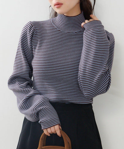 【純色&條紋】高領羅紋針織衫