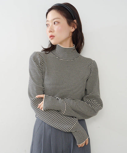 【純色&條紋】高領羅紋針織衫