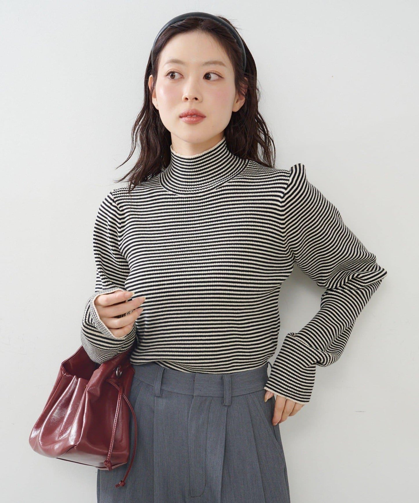 【純色&條紋】高領羅紋針織衫