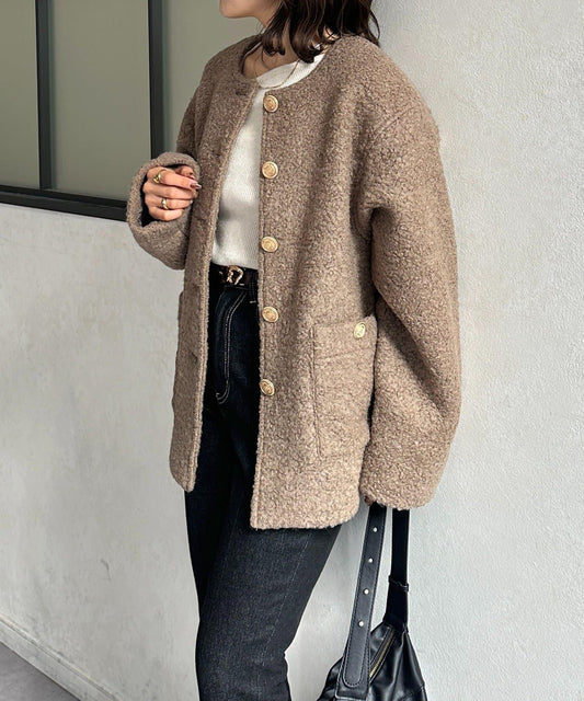 金色紐扣無領羊羔絨夾克