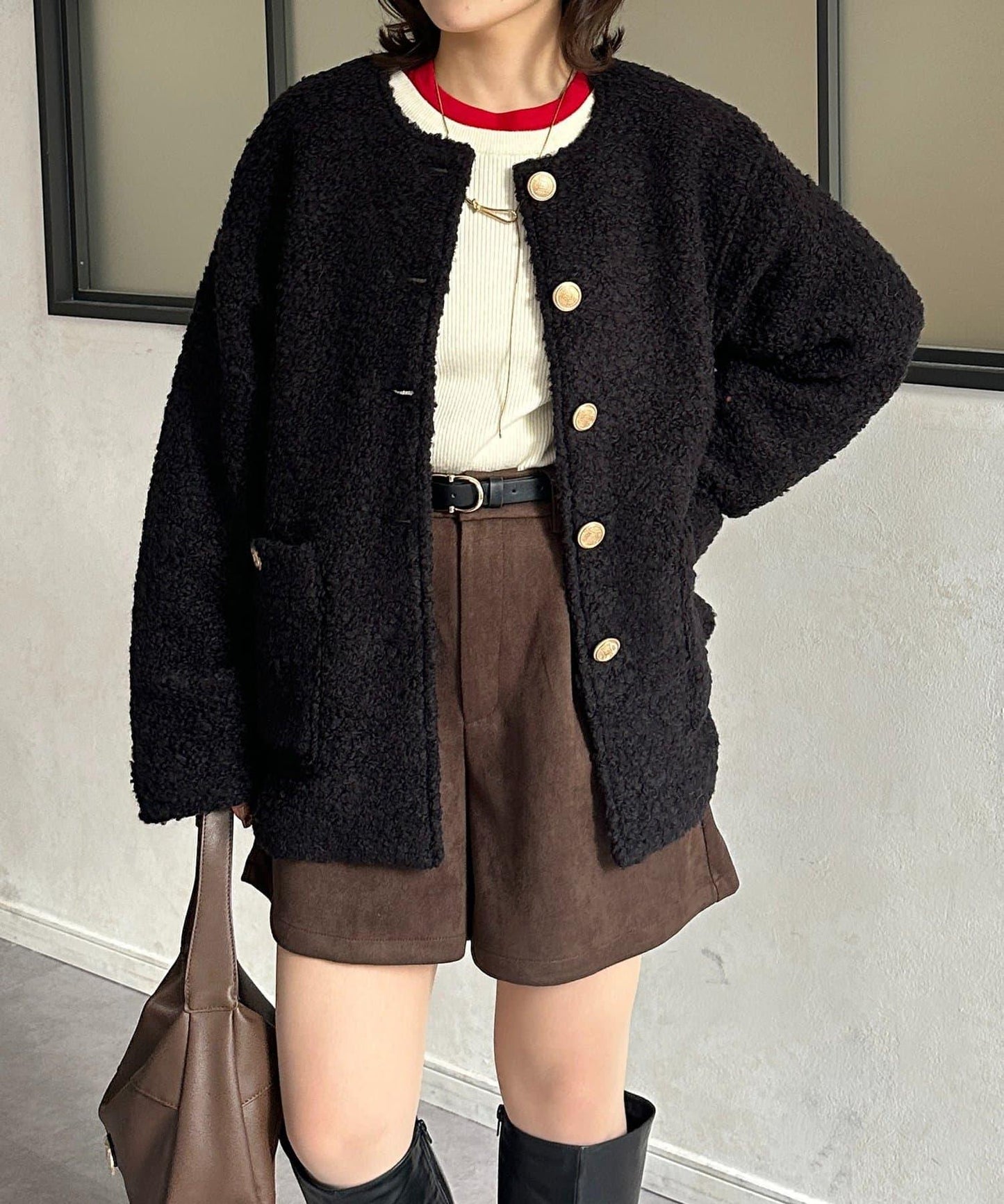 金色紐扣無領羊羔絨夾克