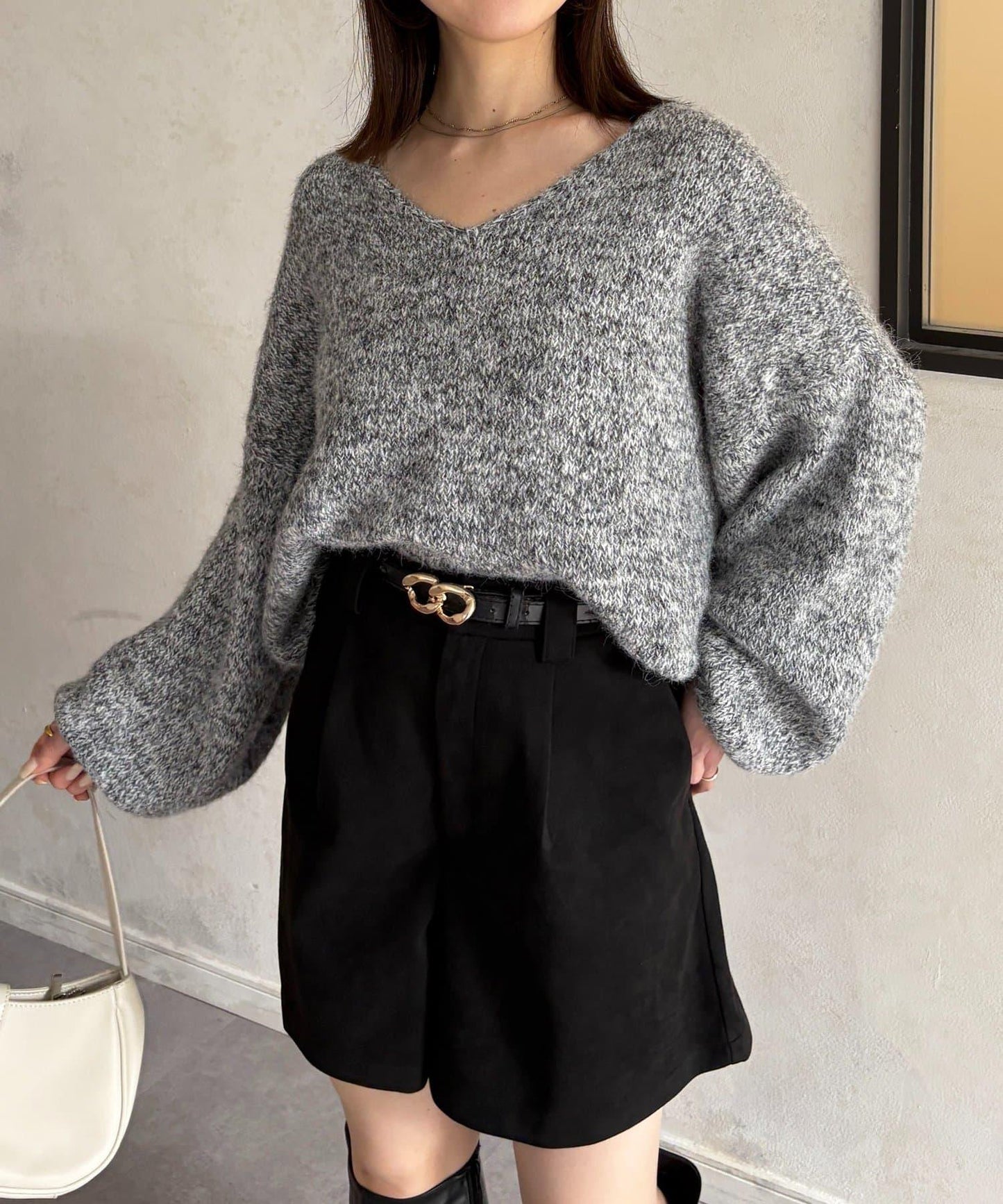 V領混色短款針織衫
