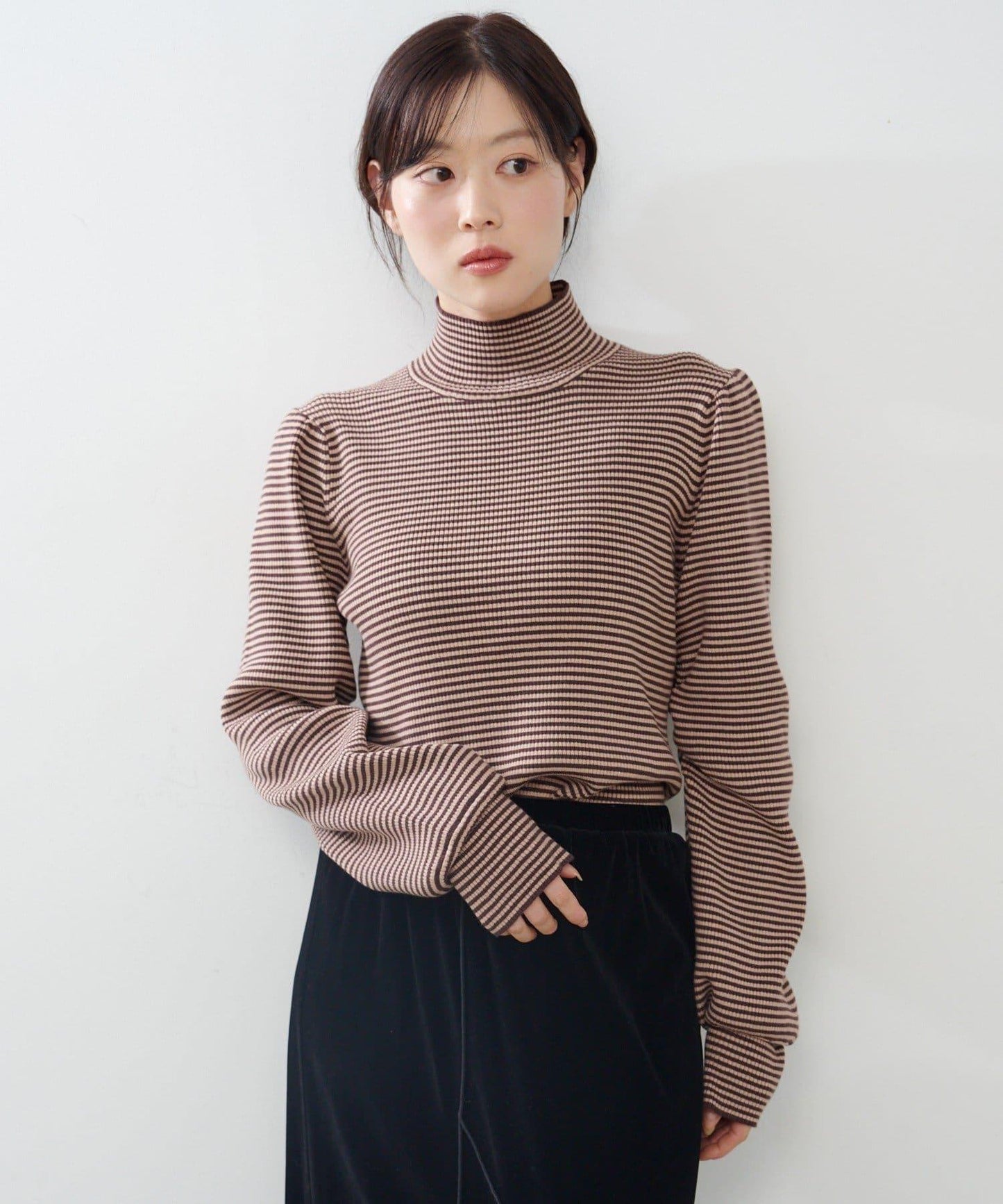 【純色&條紋】高領羅紋針織衫