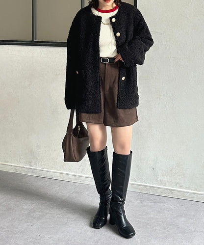 金色紐扣無領羊羔絨夾克