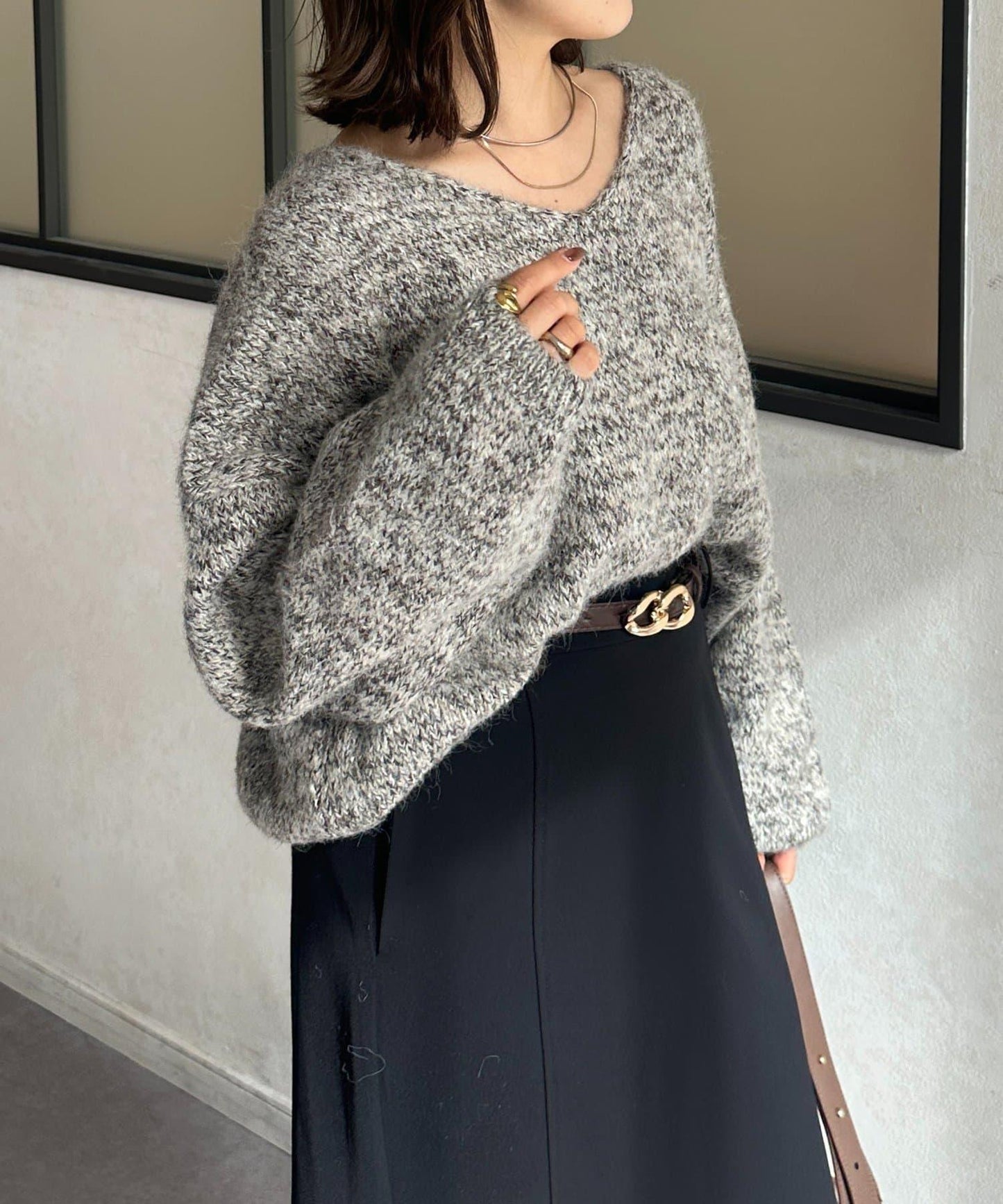 V領混色短款針織衫