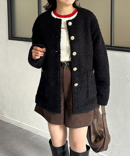 金色紐扣無領羊羔絨夾克