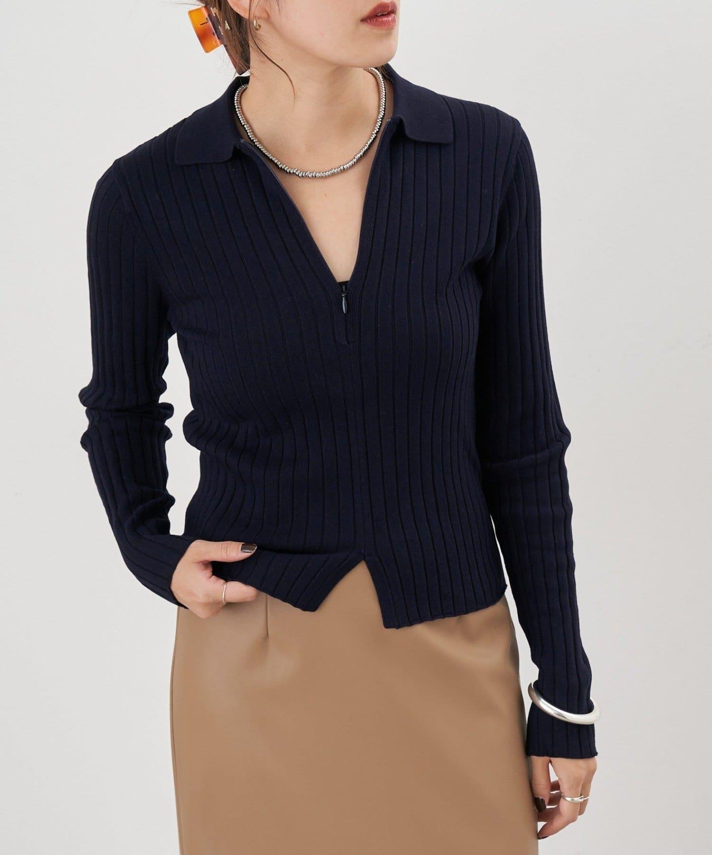 半拉鍊羅紋針織衫