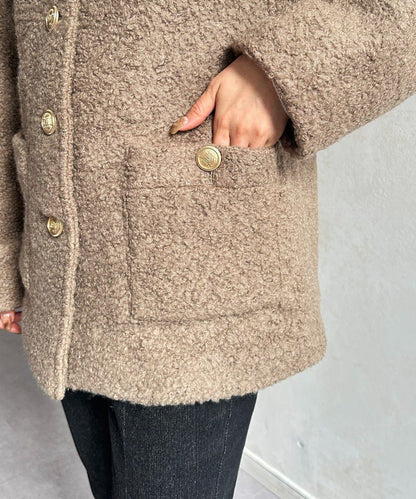 金色紐扣無領羊羔絨夾克