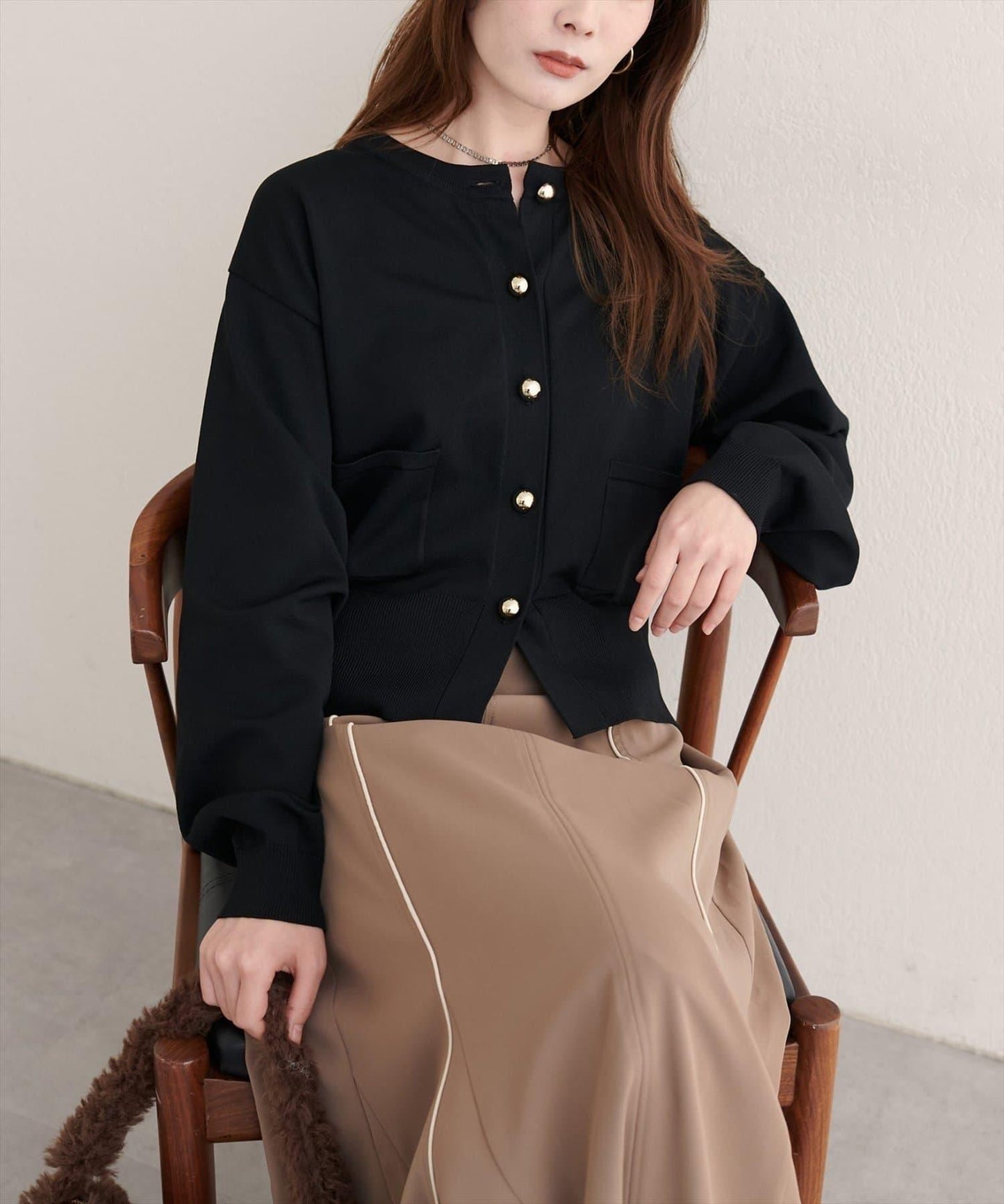 【natural couture】立體金色紐扣口袋開衫