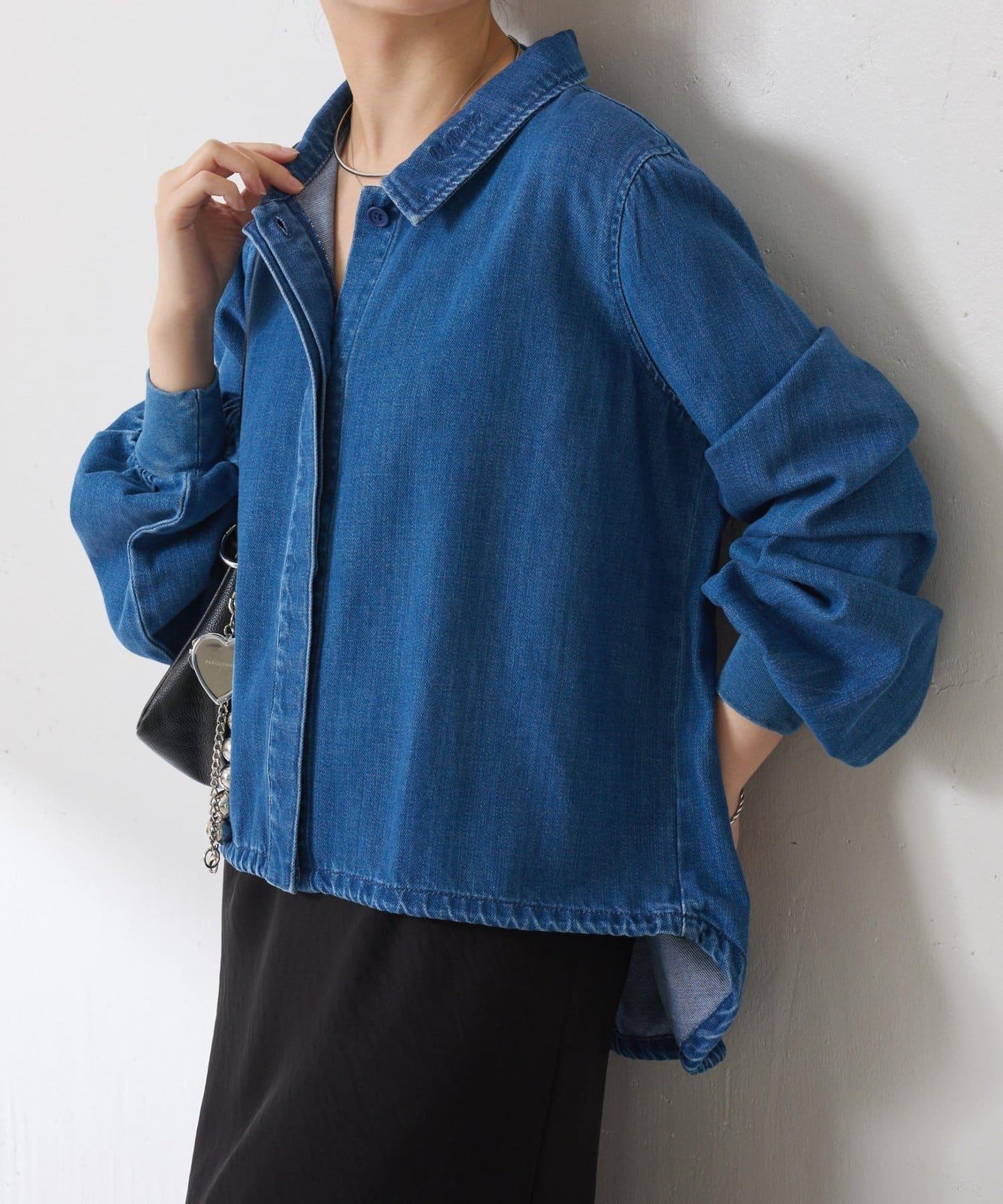 【可自由搭配】Q.anos 抽繩立領牛仔襯衫