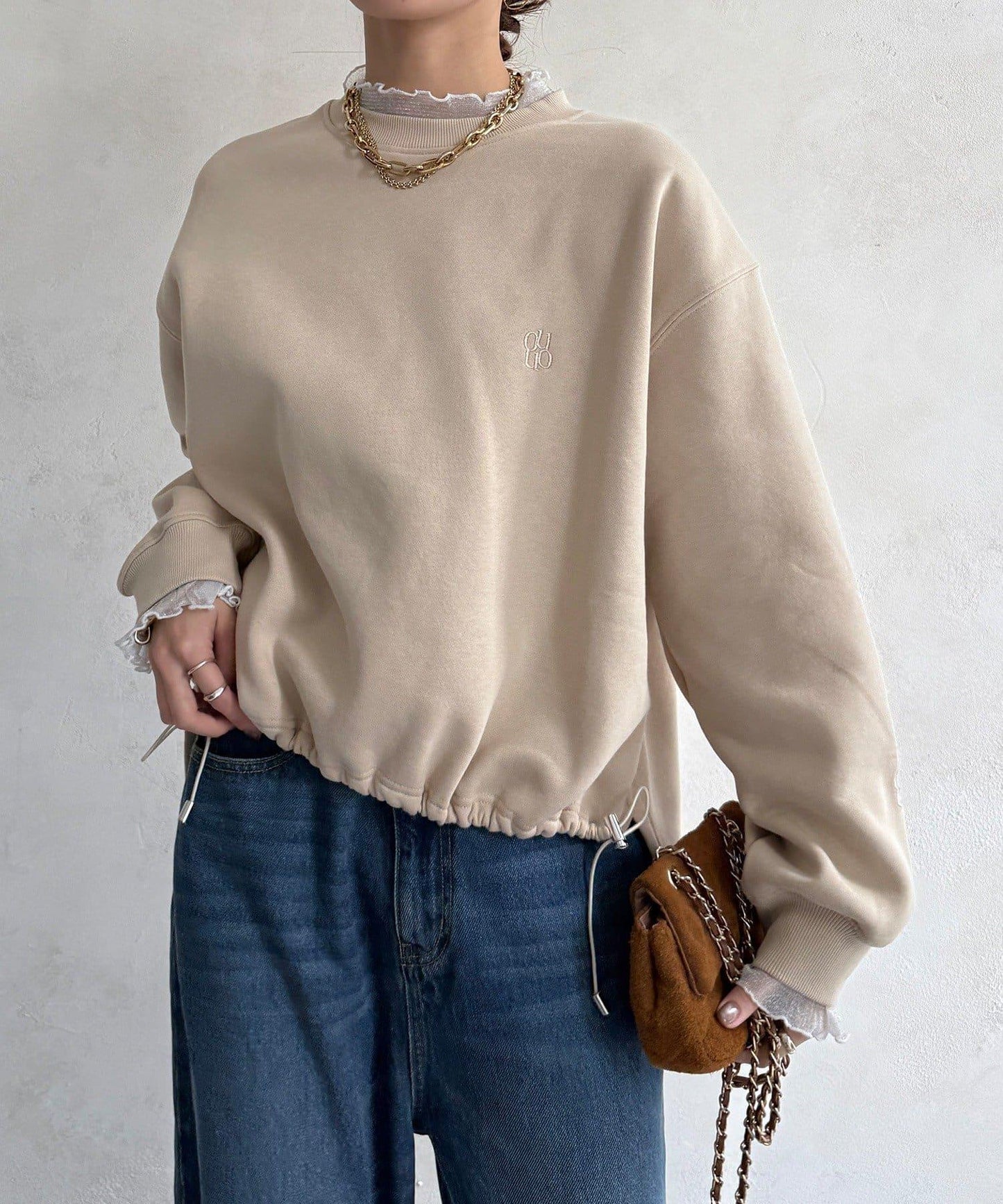 透視層疊刺繡加絨上衣