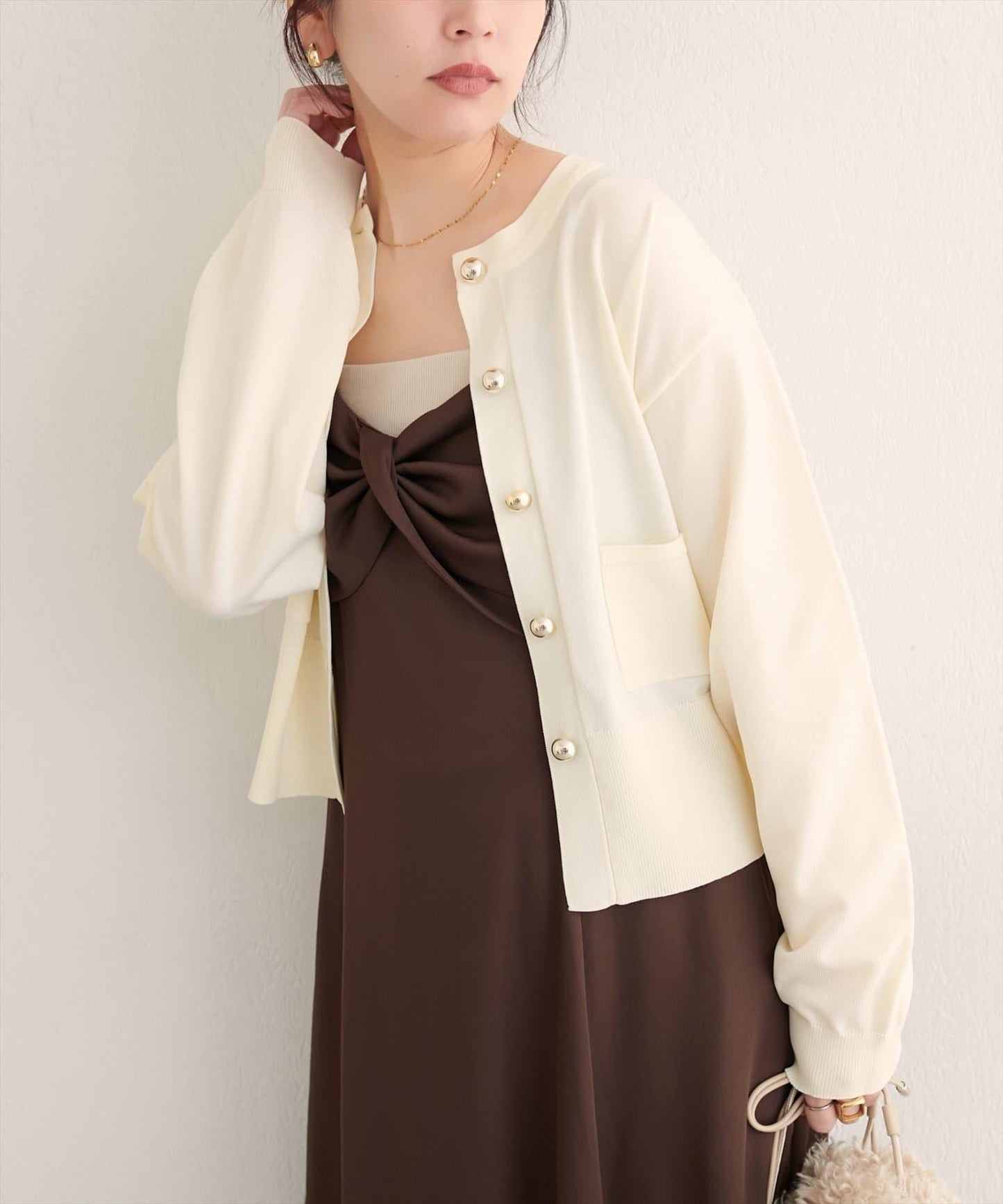 【natural couture】立體金色紐扣口袋開衫