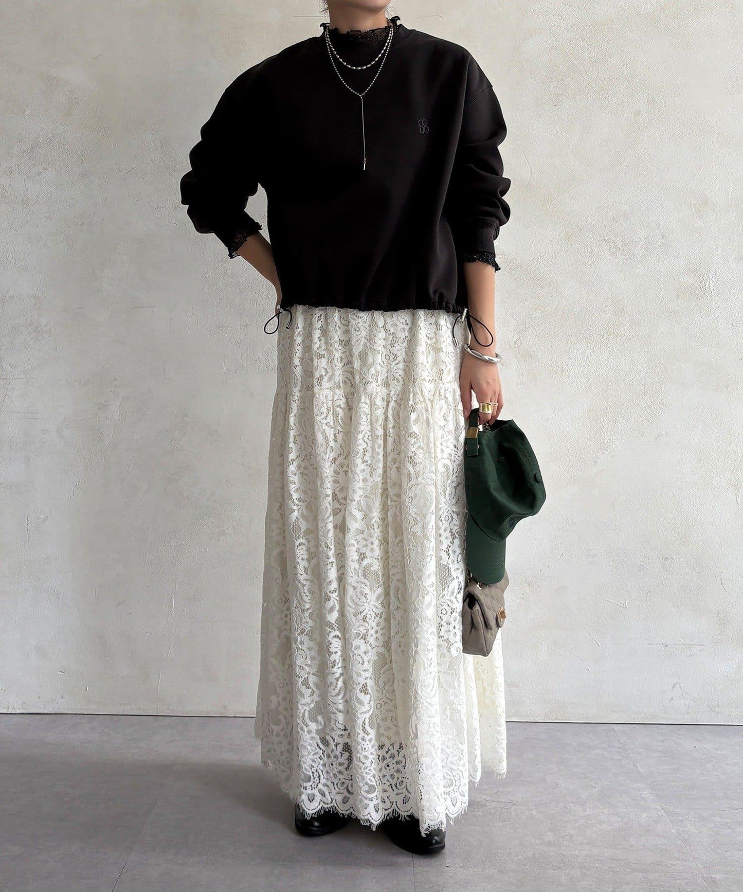 透視層疊刺繡加絨上衣