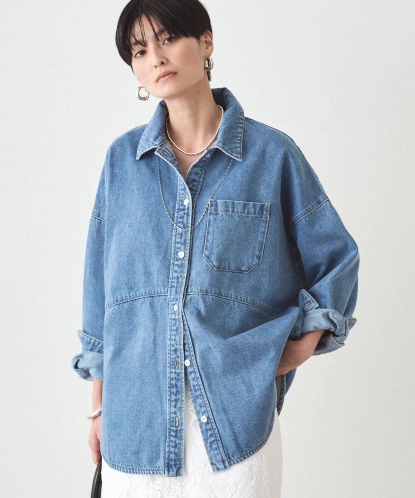 拼接牛仔襯衫/藍色