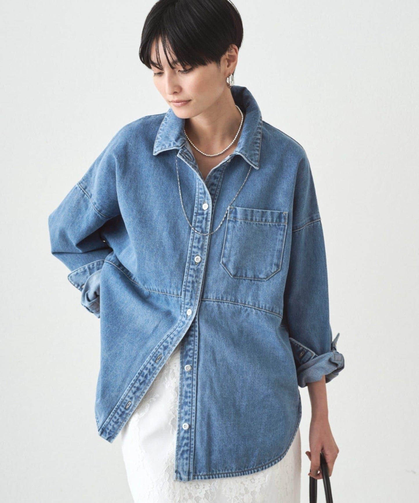 拼接牛仔襯衫/藍色