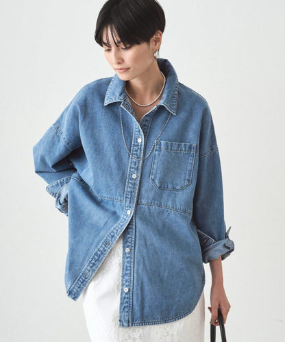 拼接牛仔襯衫/藍色