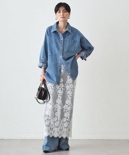 拼接牛仔襯衫/藍色