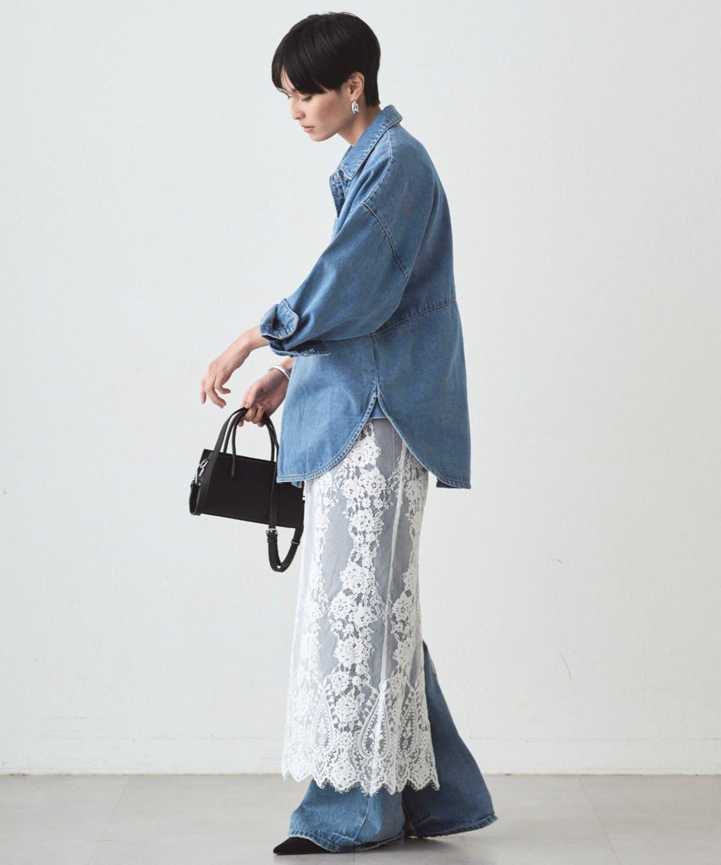 拼接牛仔襯衫/藍色