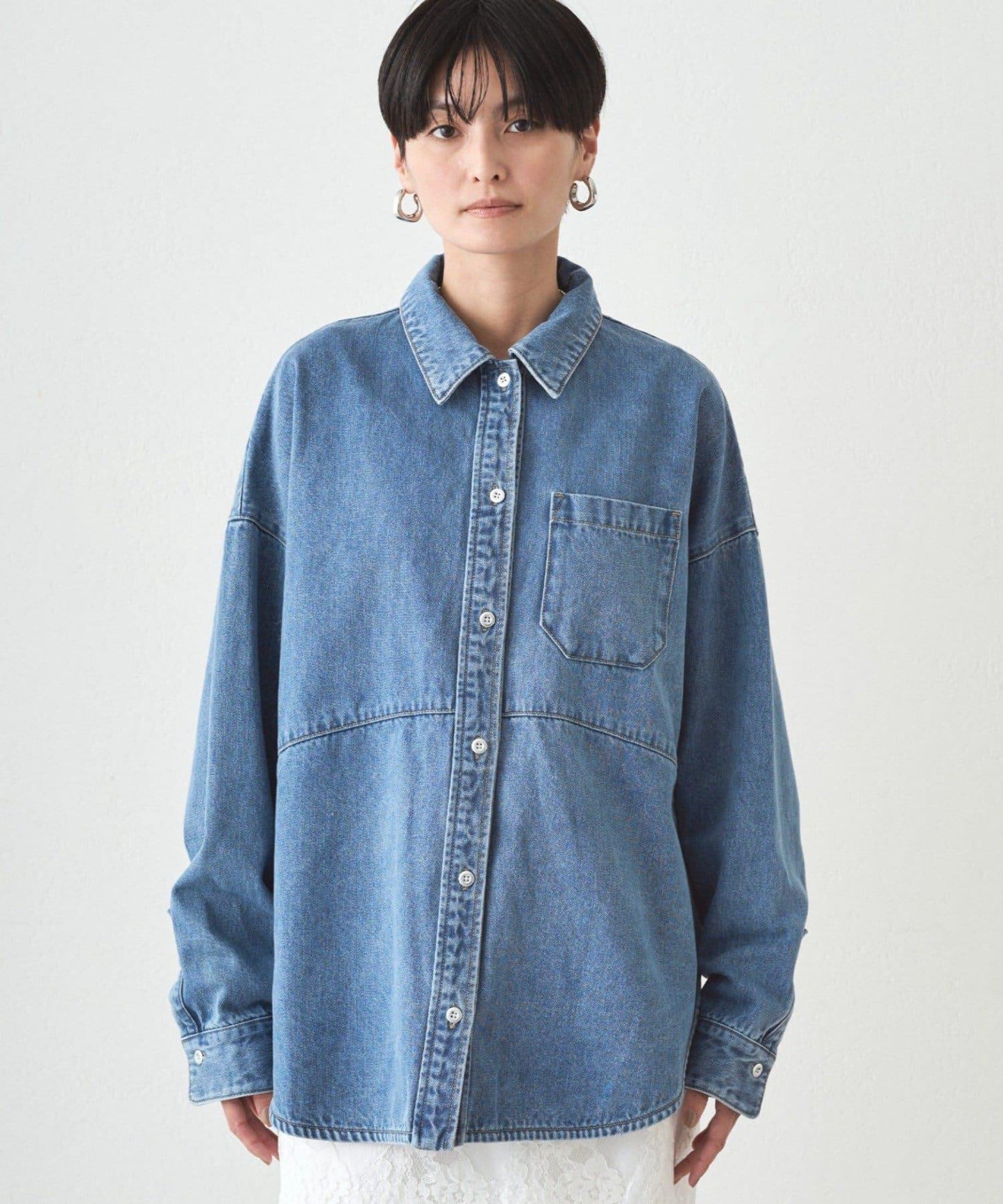 拼接牛仔襯衫/藍色