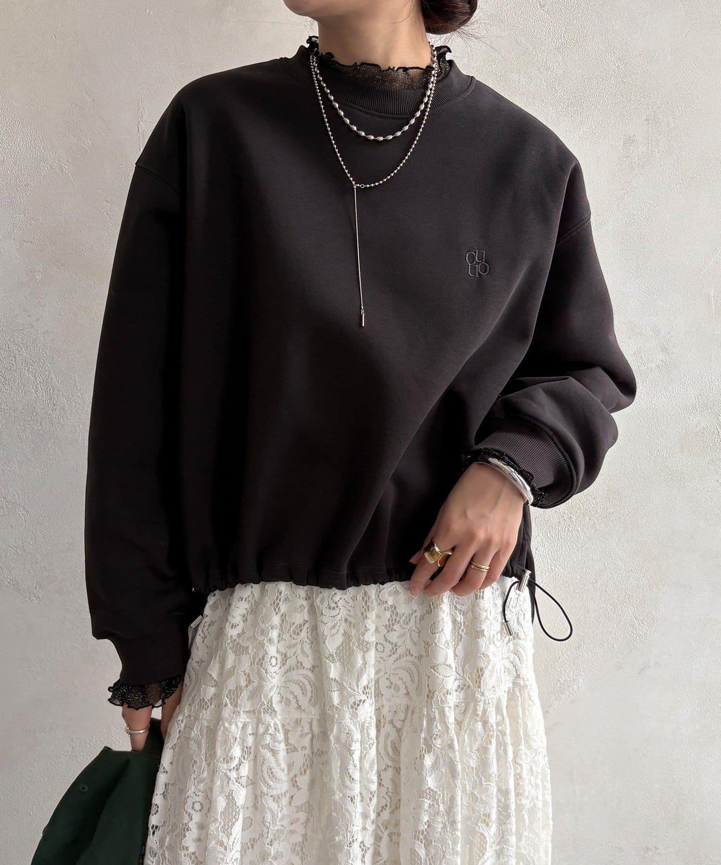 透視層疊刺繡加絨上衣