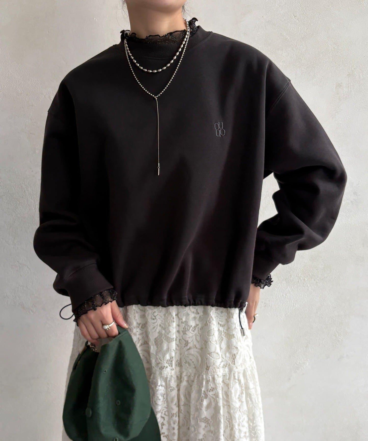 透視層疊刺繡加絨上衣