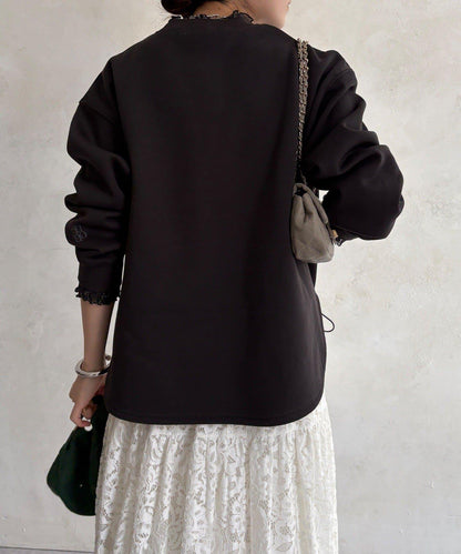 透視層疊刺繡加絨上衣